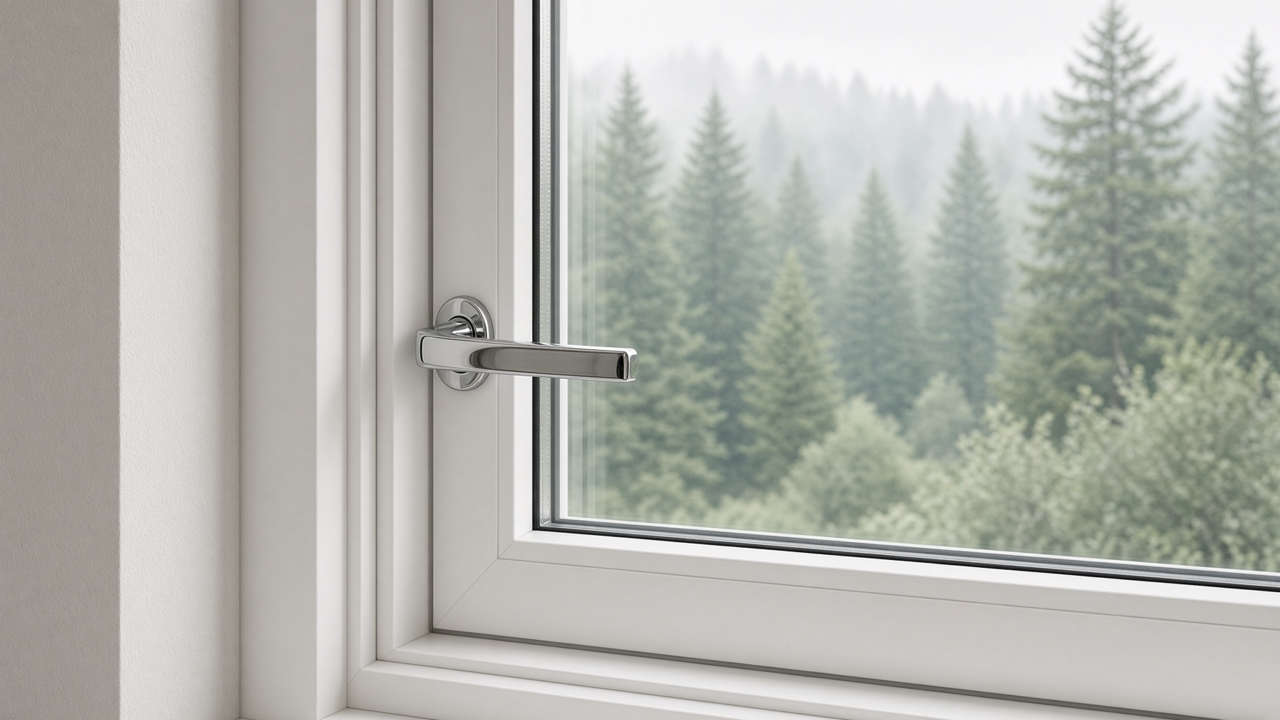 Chrome lever handle on a white tilt-and-turn sash