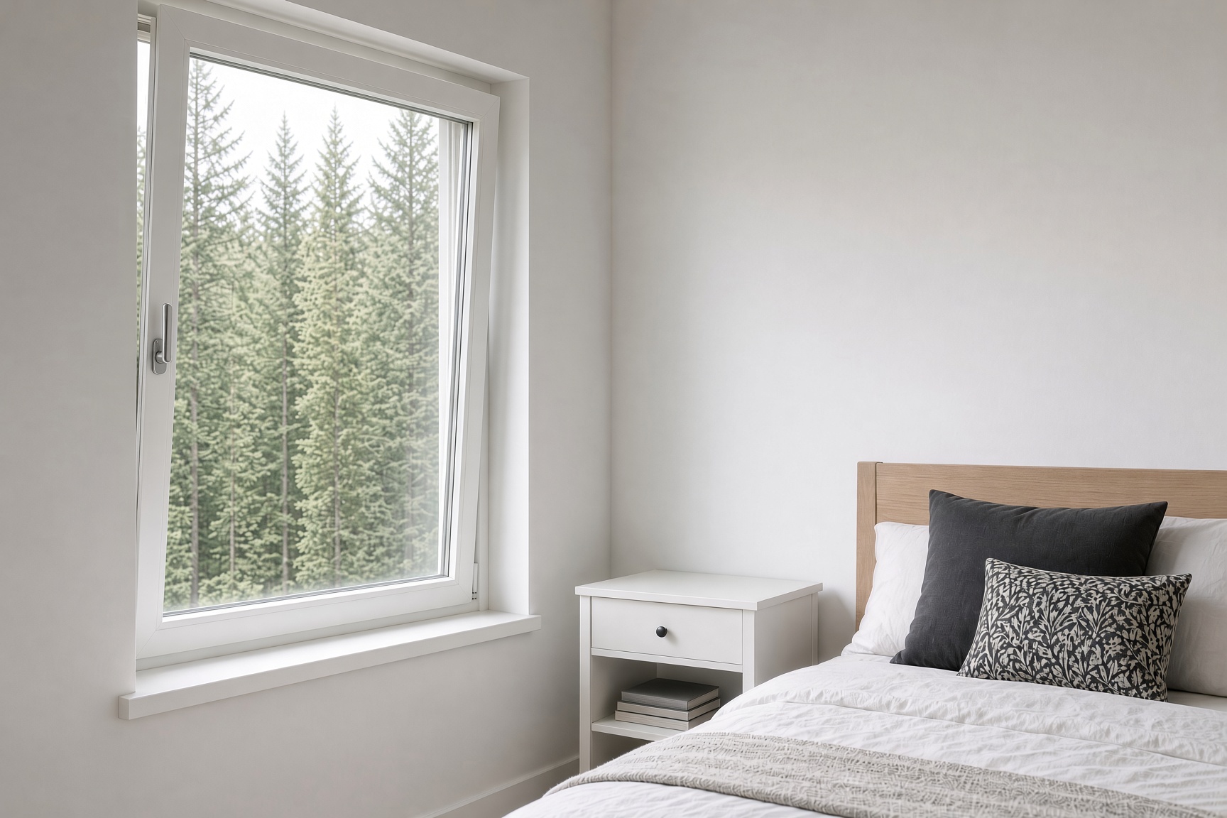 White tilt-and-turn window in tilt position with the top of the sash leaning into the room
