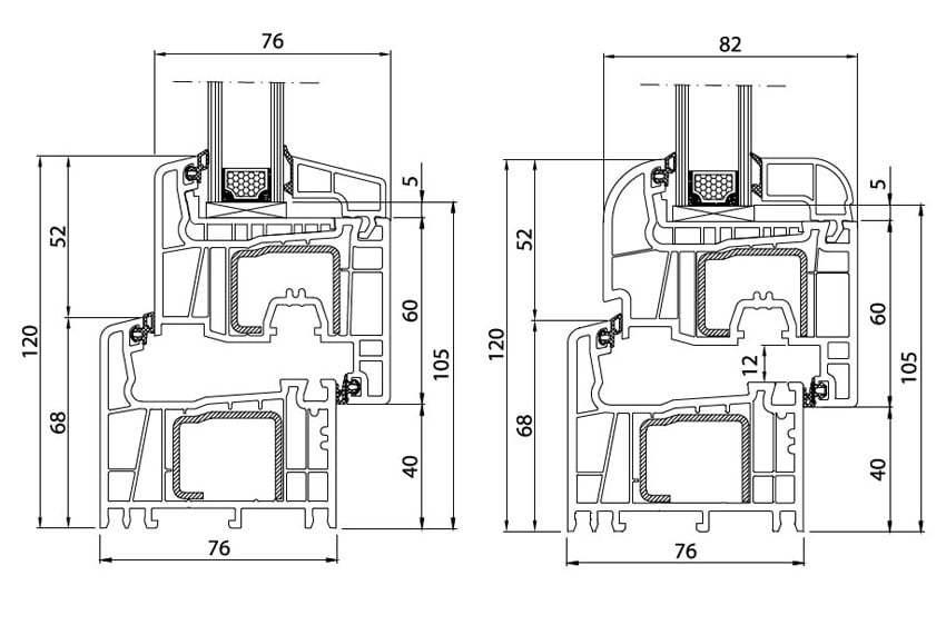 Dimensioned Streamline 76 profile drawing with 76 mm frame depth