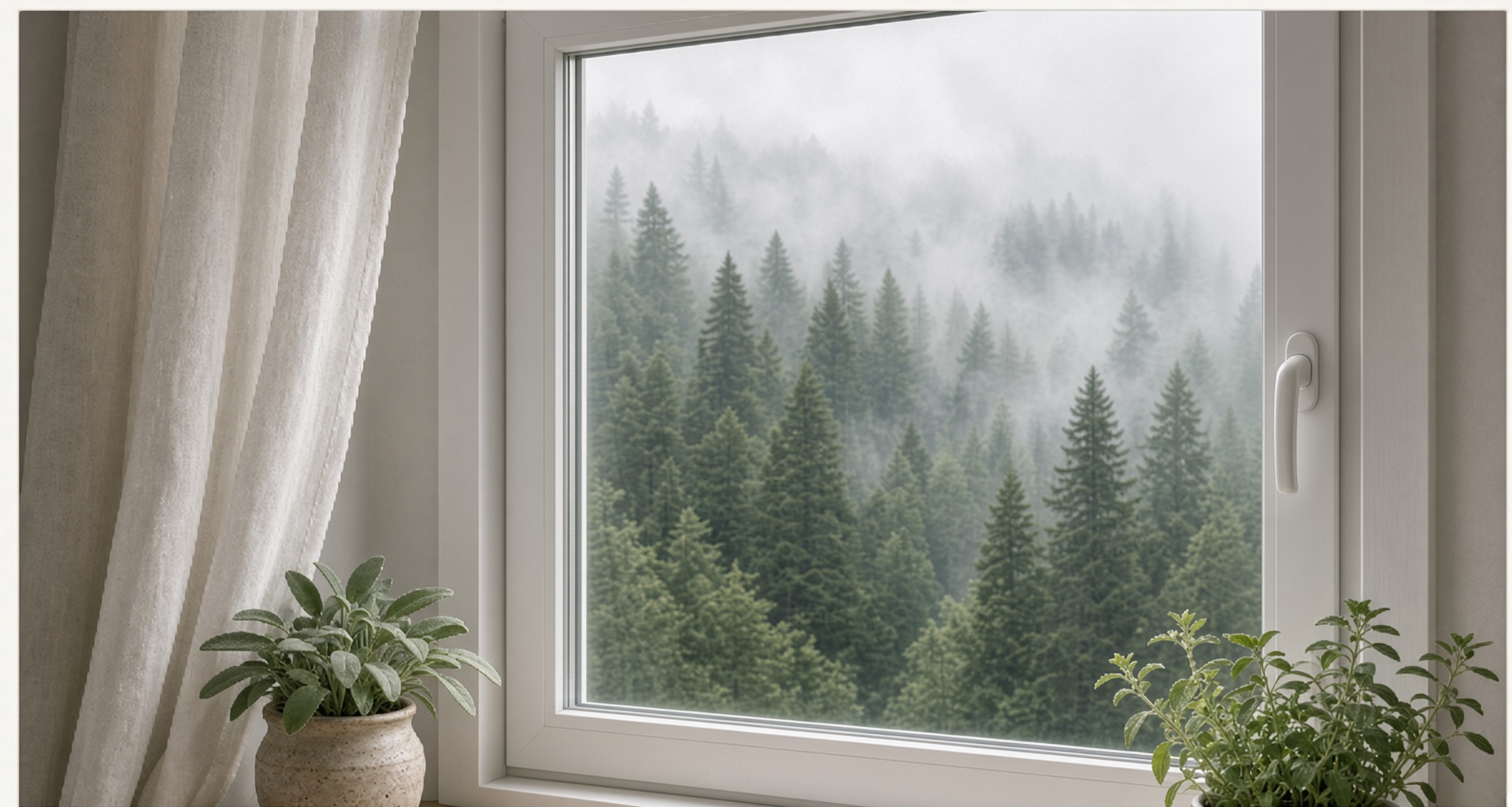White window looking out on a foggy pine forest